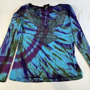 Harley-Davidson Tie Dye Shirt Women Large Blue Purple Long Sleeve Top